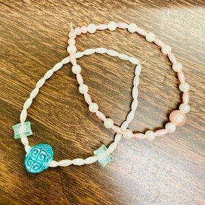 Pink & White Beaded Bracelet Pair with Blue European Accent Beads